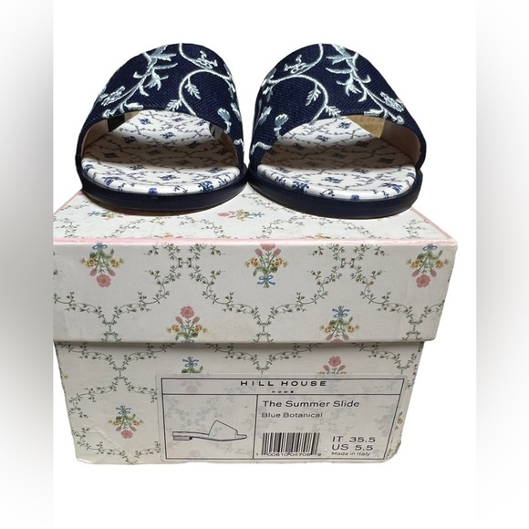 Hill House Shoes - NWT Hill House The Summer Slide Blue Botanical Embroidered Navy Sandal 5.5